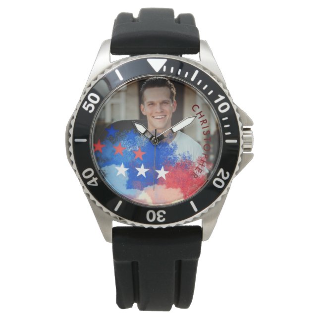Aangepaste foto en naam met Amerikaanse vlag Horloge (Voorkant)