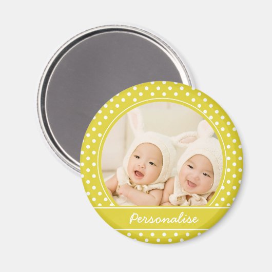Aangepaste foto en naam van Bright Yellow Polka Do Magneet (Voorkant / Achterkant)