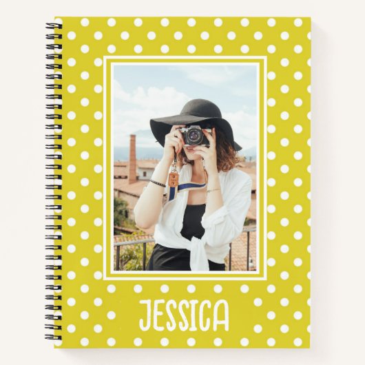 Aangepaste foto en naam van Bright Yellow Polka Do Notitieboek (Voorkant)