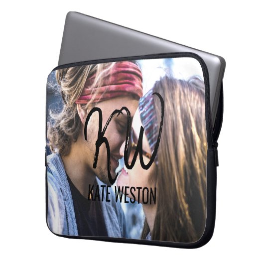 Aangepaste foto- en penseelmonogram laptop sleeve (Voorkant Links)
