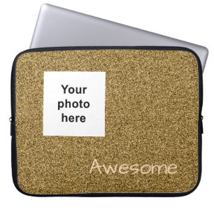 Aangepaste foto en tekst gouden faux glitter laptop sleeve