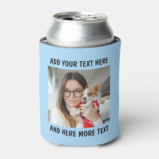 Aangepaste foto en tekst of naam lichtblauw blikjeskoeler (Blikje Voorkant)