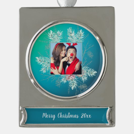 Aangepaste foto en tekst Pinecone Evergreen Lijst Verzilverd Banner Ornament (Voorkant)