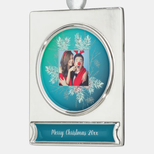 Aangepaste foto en tekst Pinecone Evergreen Lijst Verzilverd Banner Ornament (Links)