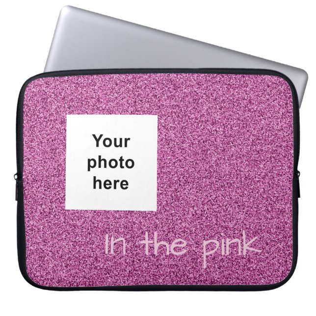 Aangepaste foto- en tekstroze faux glitter laptop sleeve (Voorkant)