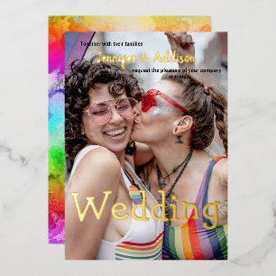 Aangepaste foto en waterverf regenboog gay trouw F Folie Uitnodiging