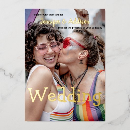 Aangepaste foto- en waterverf-regenboogbruiloft vo folie uitnodiging (Voorkant)