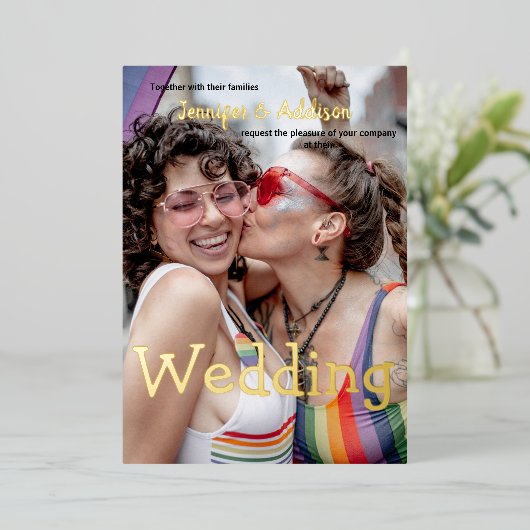 Aangepaste foto- en waterverf-regenboogbruiloft vo folie uitnodiging (Staand Voorkant)