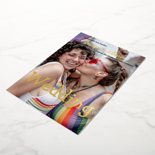 Aangepaste foto- en waterverf-regenboogbruiloft vo folie uitnodiging (Gedraaid)