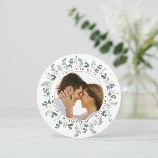 Aangepaste foto Eucalyptus bruiloft Sla de datum o Feestdagenkaart (Staand voorkant)