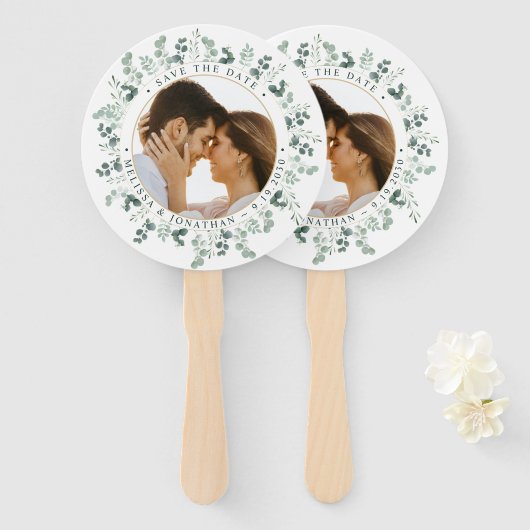 Aangepaste foto Eucalyptus bruiloft Sla de datum o Handwaaier (Voorkant en achterkant)
