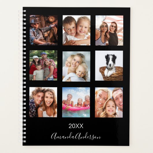 Aangepaste foto familie collage monogram zwart 202 planner (Voorkant)