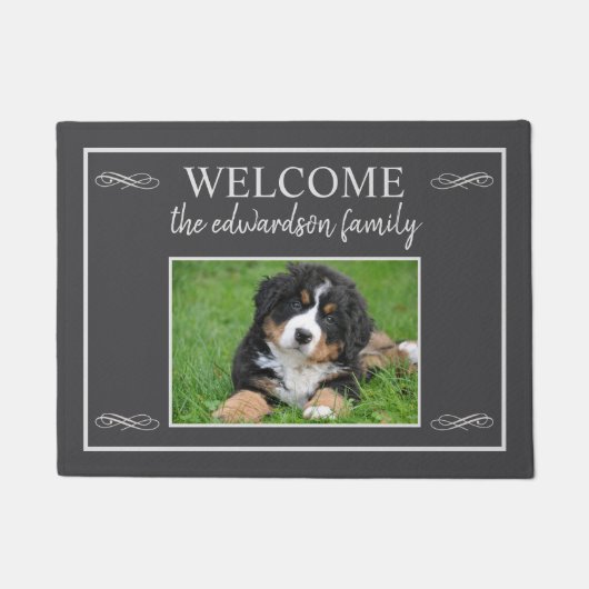 Aangepaste foto familie naam welkom script rustiek deurmat (Voorkant)