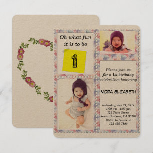 Aangepaste foto Floral Lijst 1e verjaardag uitnodi Kaart