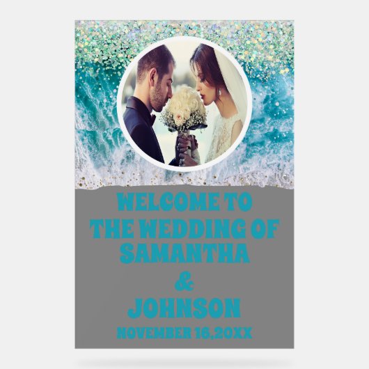 Aangepaste Foto Frosted Beach Wedding Welkom Acryl Bord (Voorkant)