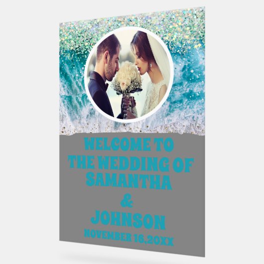 Aangepaste Foto Frosted Beach Wedding Welkom Acryl Bord (Hoek)