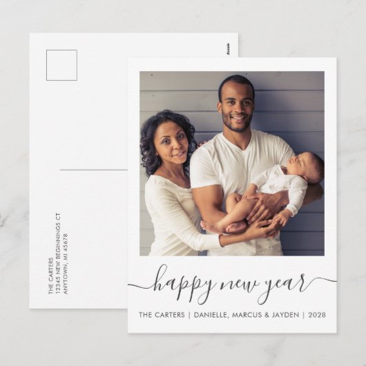 Aangepaste foto Gelukkig Nieuwjaar Grijs Schrift Feestdagenkaart (Voorkant / Achterkant)