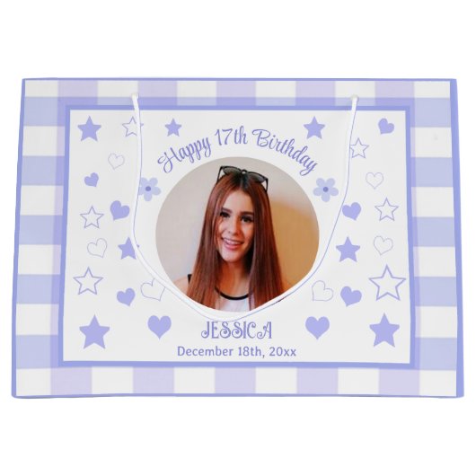 Aangepaste foto Gelukkige 17e Verjaardag Paarse Bl Groot Cadeauzakje (Voorkant)