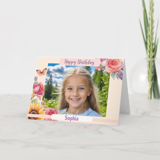 Aangepaste foto Gelukkige Verjaardag  Bloemen Eleg Kaart (Voorkant)