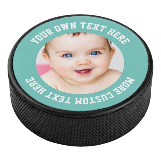 Aangepaste Foto Gepersonaliseerde Blauwgroen Groen Hockey Puck (3/4)