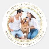 Aangepaste foto gewoon gehuwd met legant Gold Wedd Ronde Sticker (Voorkant)