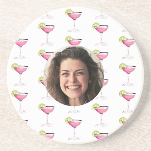 Aangepaste foto gezicht & cocktail | Gepersonalise Zandsteen Onderzetter (Voorkant)