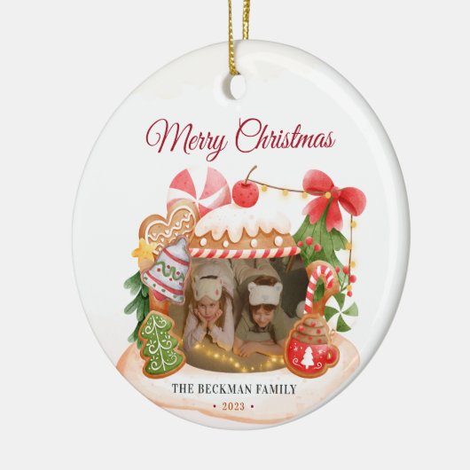 Aangepaste foto Gingerbread House Kerstmis Keramisch Ornament (Links)