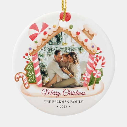 Aangepaste foto Gingerbread House Kerstmis Keramisch Ornament (Voorkant)