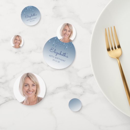 Aangepaste foto glam blauwe glitterspetters 40e ve confetti (Groep)