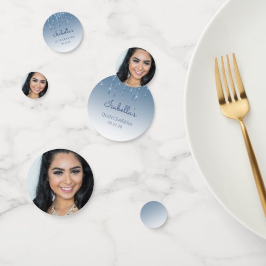 Aangepaste foto glam blauwe glitterspetters Quince Confetti (Groep)