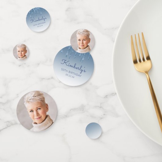 Aangepaste foto glamour blauwe glittersluier 50ste confetti (Groep)