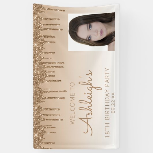 Aangepaste foto Gold Glitter Drip 18e verjaardag Spandoek (Verticaal)