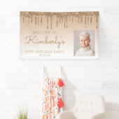 Aangepaste foto Gold Glitter Drip 50e verjaardag Spandoek (Insitu)