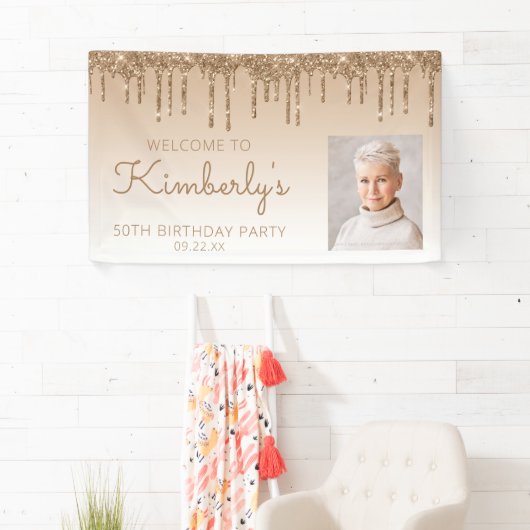 Aangepaste foto Gold Glitter Drip 50e verjaardag Spandoek (Insitu)