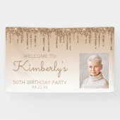 Aangepaste foto Gold Glitter Drip 50e verjaardag Spandoek (Horizontaal)