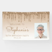 Aangepaste foto Gold Glitter Drip 50e verjaardag Spandoek (Horizontaal)
