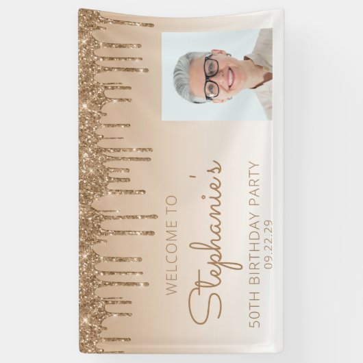 Aangepaste foto Gold Glitter Drip 50e verjaardag Spandoek (Verticaal)