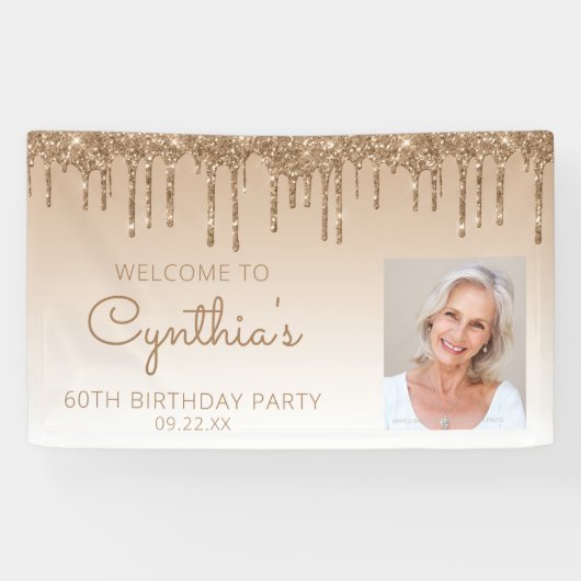 Aangepaste foto Gold Glitter Drip 60e verjaardag Spandoek (Horizontaal)