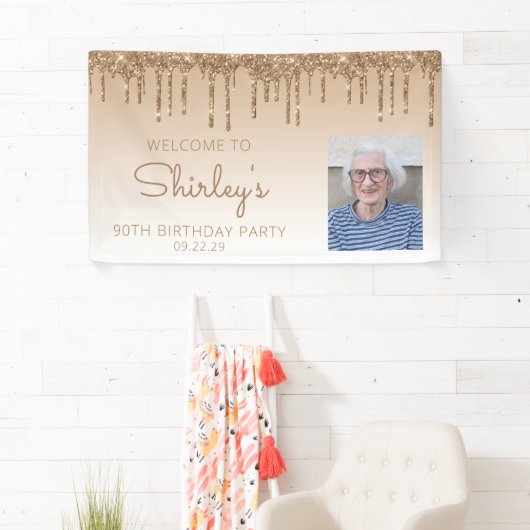 Aangepaste foto Gold Glitter Drip 90e verjaardag Spandoek (Insitu)