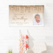 Aangepaste foto Gold Glitter Drip 90e verjaardag Spandoek (Insitu)