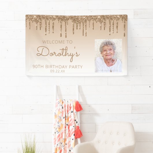 Aangepaste foto Gold Glitter Drip 90e verjaardag Spandoek (Insitu)