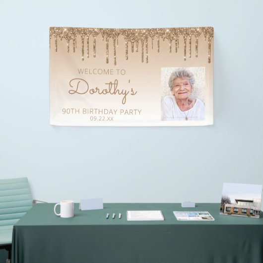 Aangepaste foto Gold Glitter Drip 90e verjaardag Spandoek (Beurs)