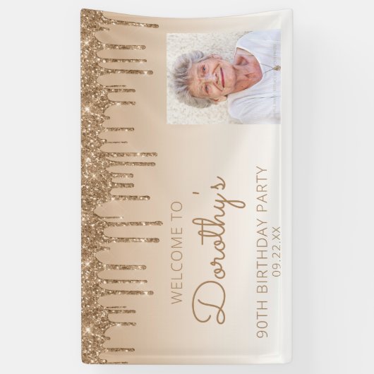 Aangepaste foto Gold Glitter Drip 90e verjaardag Spandoek (Verticaal)