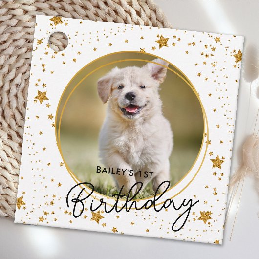 Aangepaste foto Gold Glitter Stars Dog Birthday Bedankjes Labels
