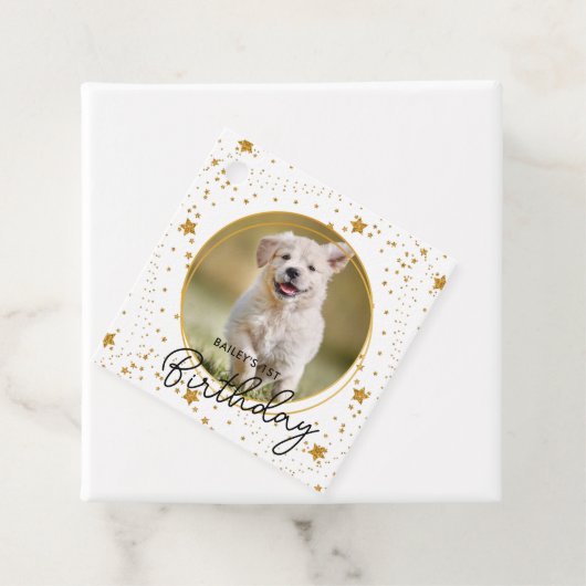 Aangepaste foto Gold Glitter Stars Dog Birthday Bedankjes Labels (In situ)