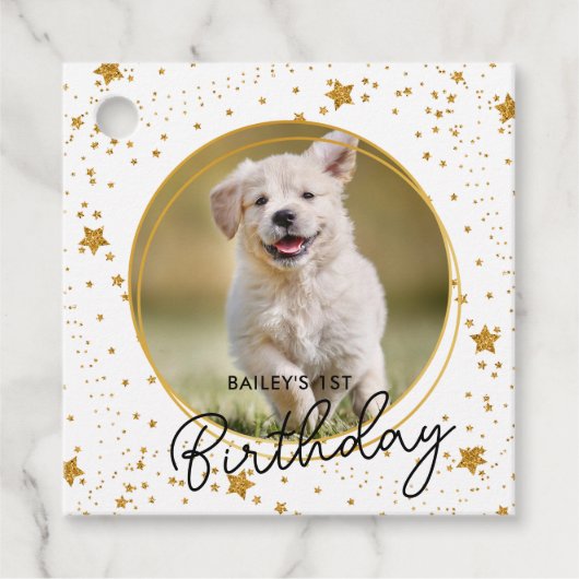 Aangepaste foto Gold Glitter Stars Dog Birthday Bedankjes Labels (Voorkant)