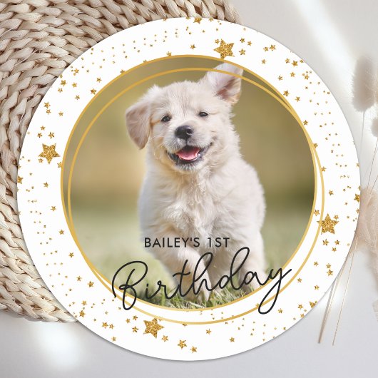 Aangepaste foto Gold Glitter Stars Dog Birthday Ronde Sticker