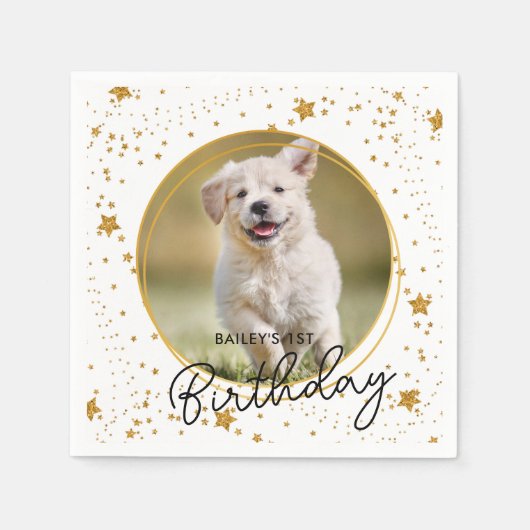 Aangepaste foto Gold Glitter Stars Dog Birthday Servet (Voorkant)