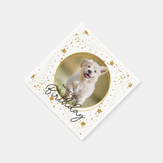 Aangepaste foto Gold Glitter Stars Dog Birthday Servet (Hoek)