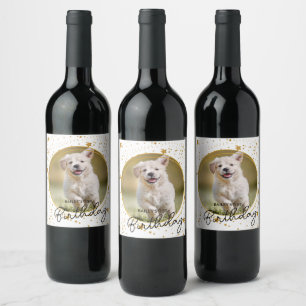 Aangepaste foto Gold Glitter Stars Dog Birthday Wijn Etiket